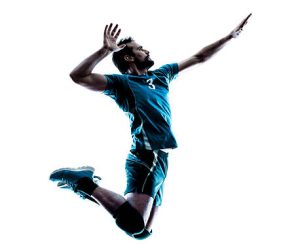 one caucasian man volleyball jumping in studio silhouette isolated on white background in studio silhouette isolated on white background